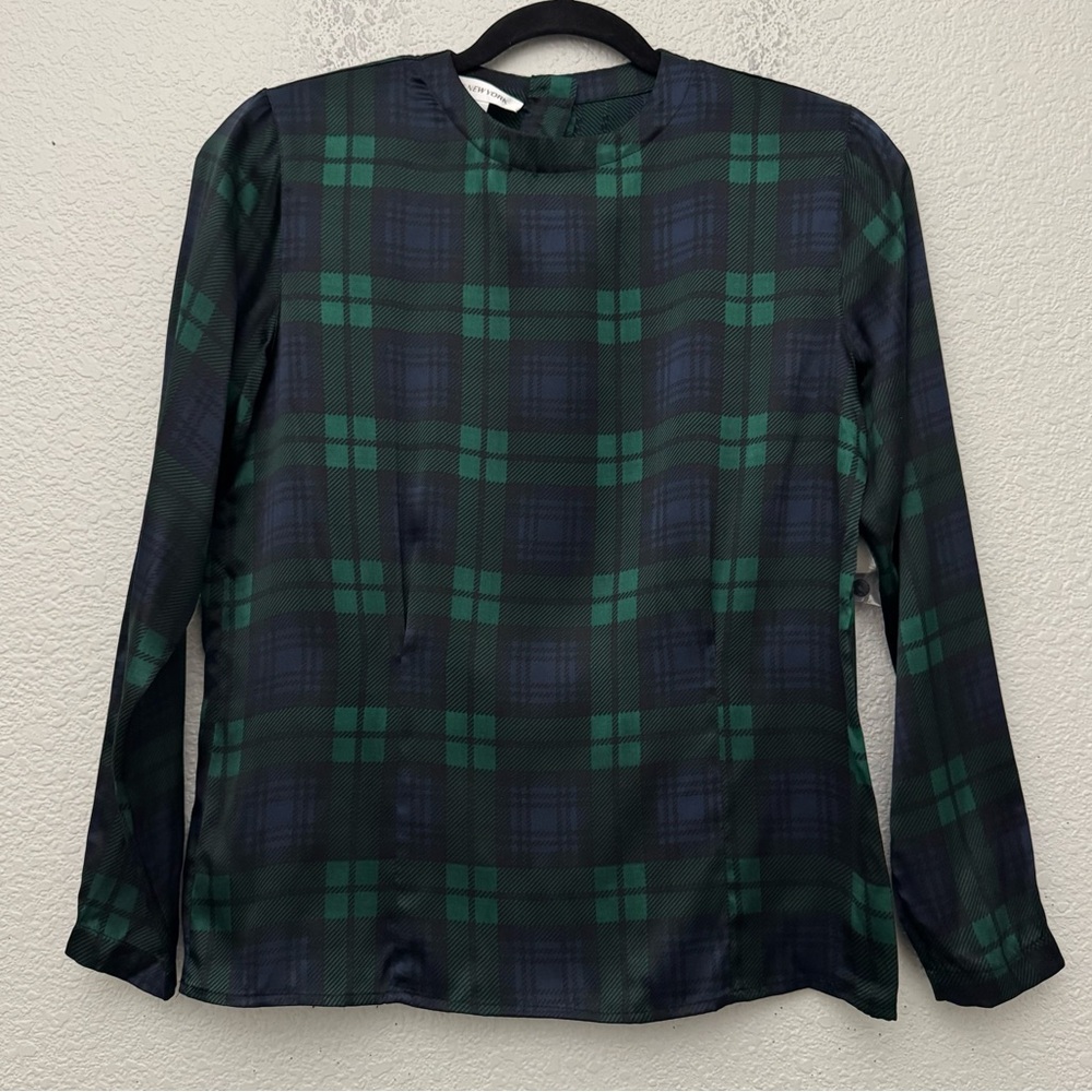 Vintage Jones New York 100% Silk Black‎ Green Tartan Plaid Top Blouse Size 4 NWT